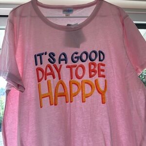 LuLaRoe Pink Short Sleeve Tee with Colorful Text